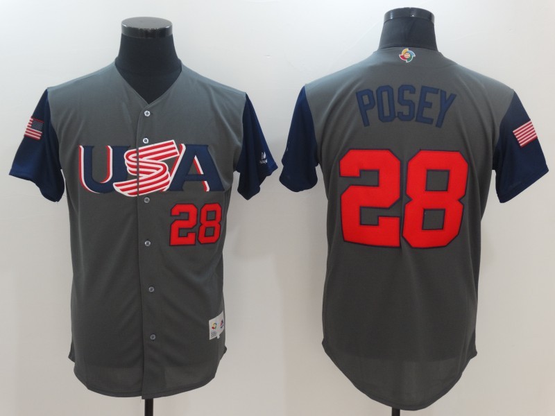 Men USA Baseball #28 Buster Posey Gray 2017 World Baseball Classic Replica Jersey